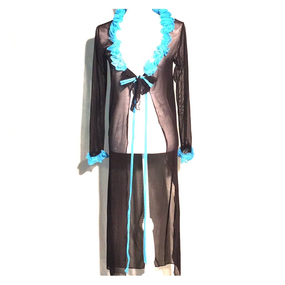 Lexa Vonn black & turquoise long mesh boudoir robe